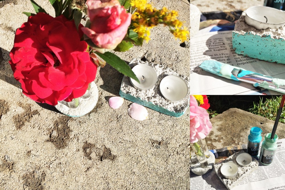 Frischer Anstrich mit Blumen: Reagenzglasvase und Teelichthalter aus Beton.