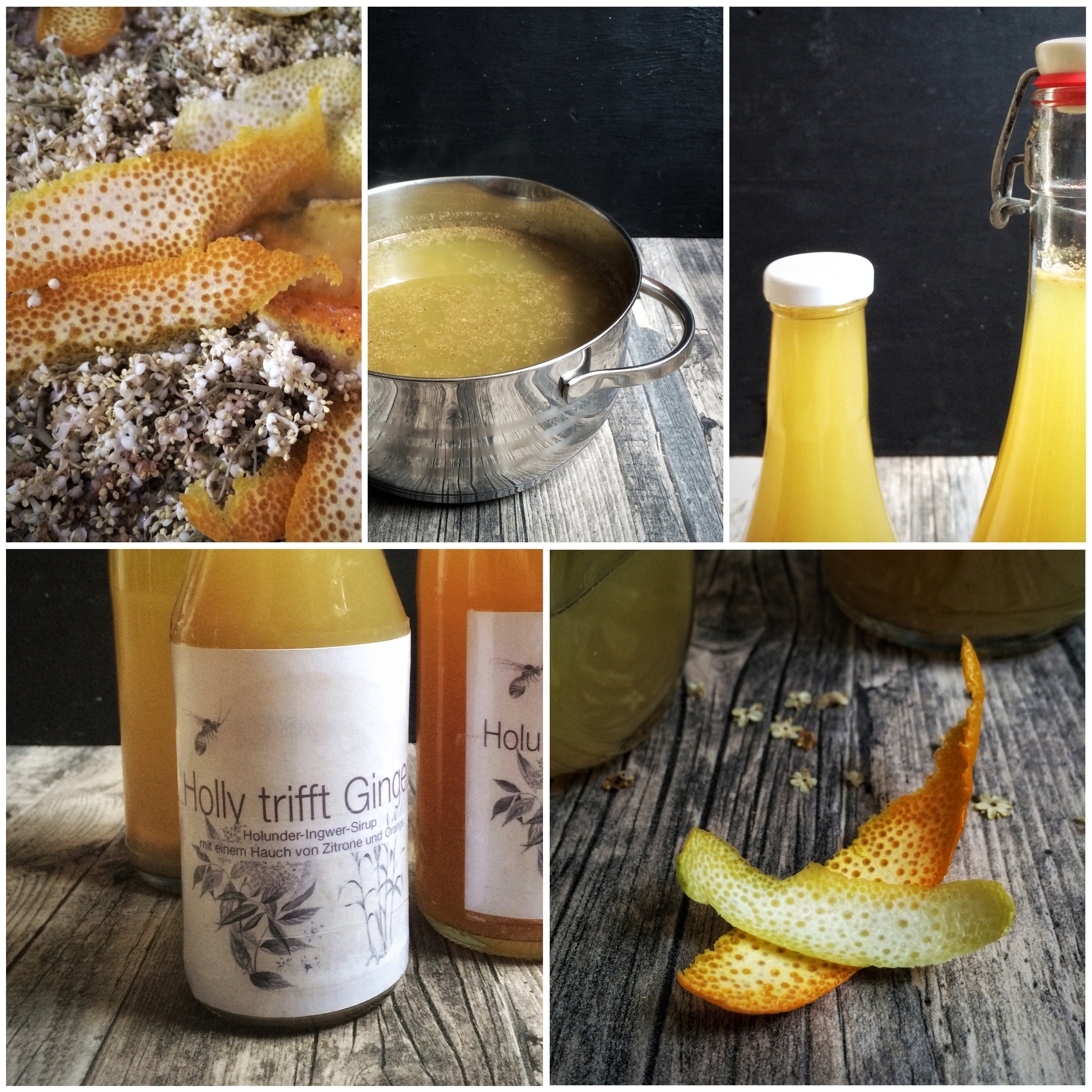Holly trifft Ginger. Holdunderblüten-Ingwer-Sirup mit einem Hauch von Zitrone und Orange.