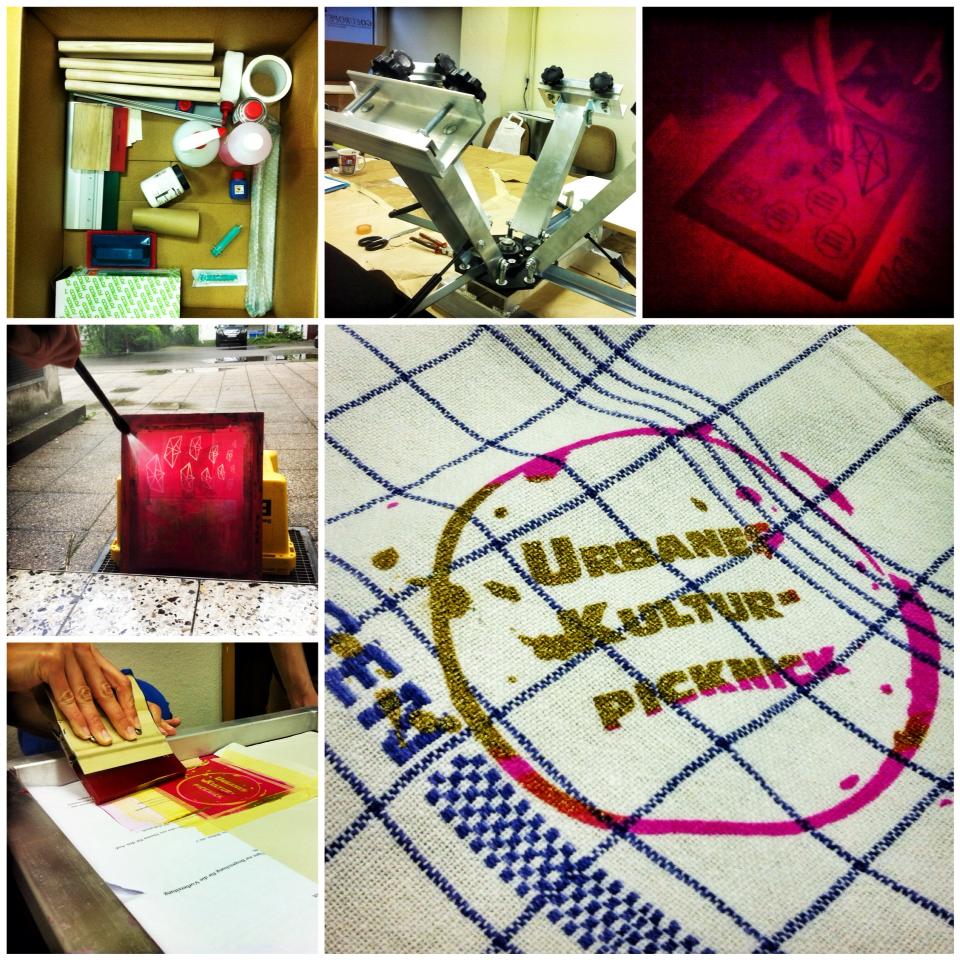 Erste Ergebnise in Pink/Gold & mit Vorfreude aufs »urbane Kulturpicknick« am 21.5. ... & danke an Siebdruckversand!