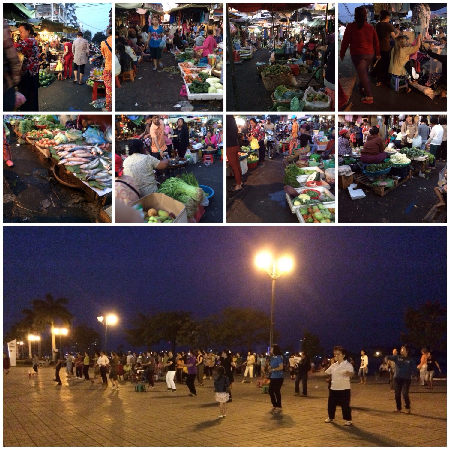 Lebensmittelmarkt und Aerobic am Abend in Phnom Penh.