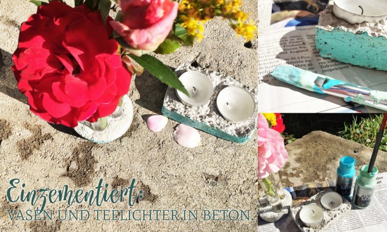 Einzementiert: Vasen und Teelichter in Beton.